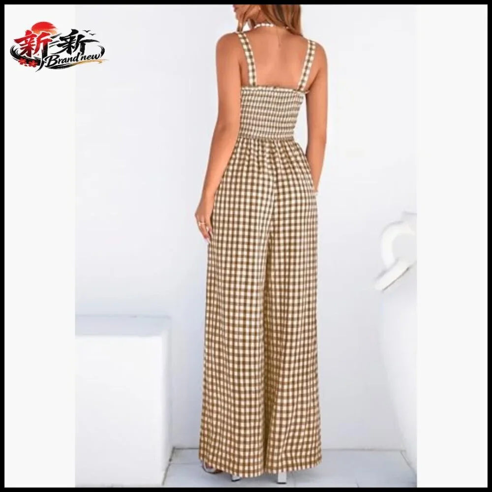 Smocked Wide Leg Gingham Romper, Square Neck, Sleeveless, Pull On